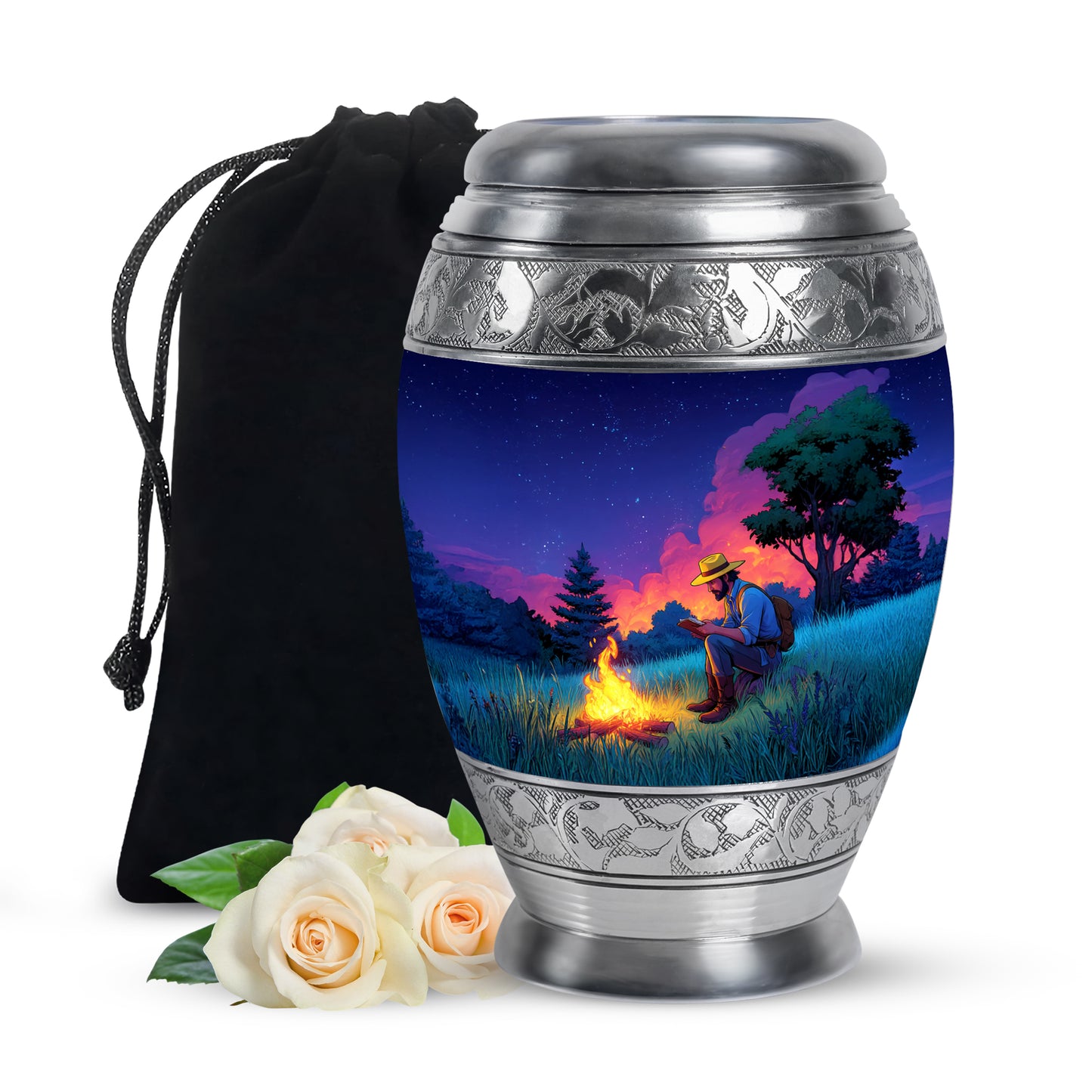 Cornflower Blue Campfire Cremation Urn back view with polished surface - royal campfire engraving with decorative scrollwork - full-size 10 inch 200 cubic inch adult cremation urn