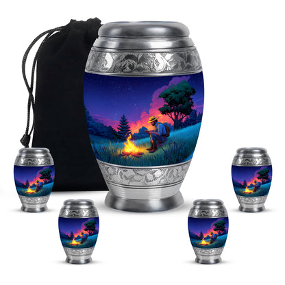 Soft Blue Campfire Cremation Urn detail view - royal campfire engraving with decorative scrollwork - memorial set with one large and four small urns