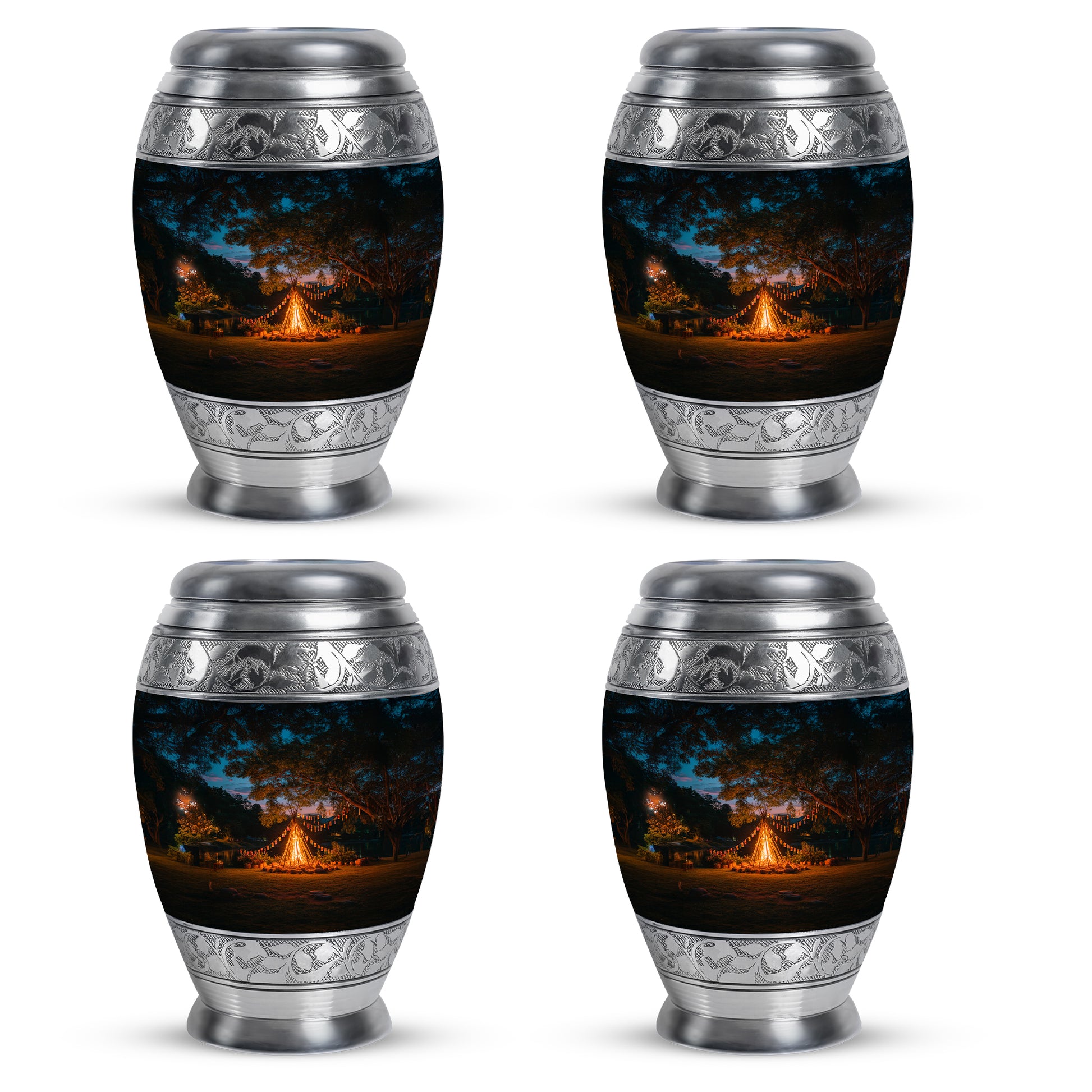Indigo Campfire Cremation Urn urn with complimentary velvet bag - ornate monarch-style campfire relief on brushed aluminum - 10 inch aluminum urn for cremated remains