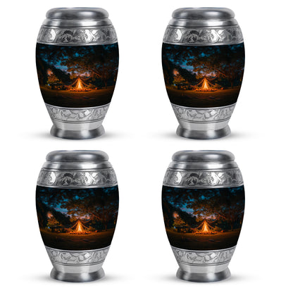 Indigo Campfire Cremation Urn urn with complimentary velvet bag - ornate monarch-style campfire relief on brushed aluminum - 10 inch aluminum urn for cremated remains
