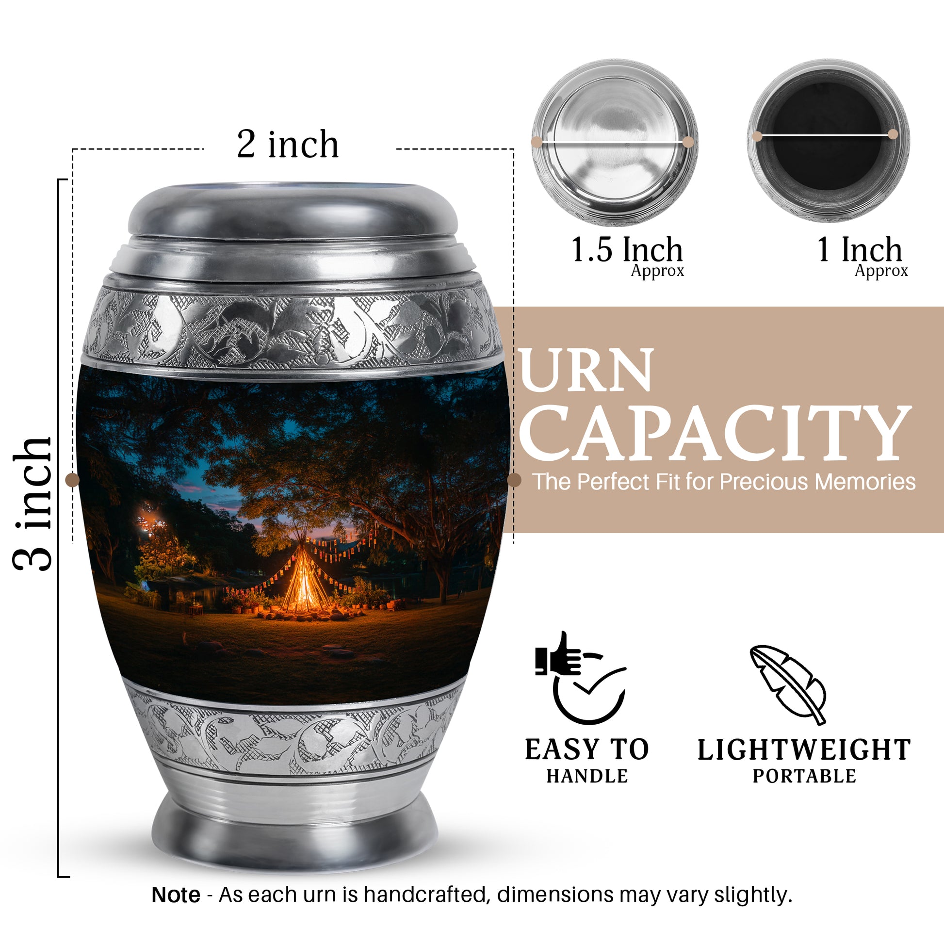 Sapphire Blue Campfire Cremation Urn lifestyle display on memorial shelf - royal campfire engraving with decorative scrollwork - mini keepsake memorial for portion of cremation ashes