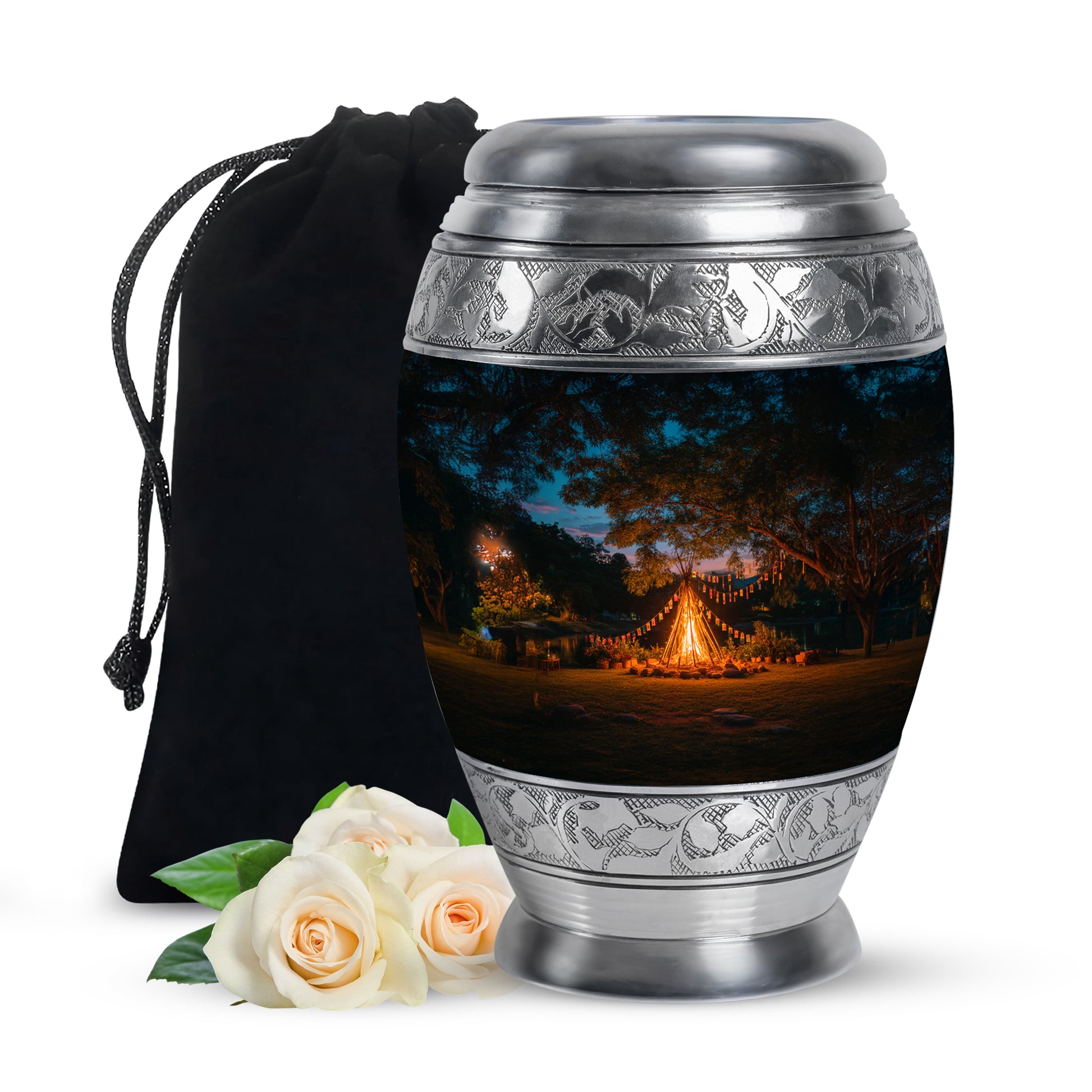 Royal Blue Campfire Cremation Urn back view with polished surface - majestic campfire pattern with filigree border - full-size 10 inch 200 cubic inch adult cremation urn
