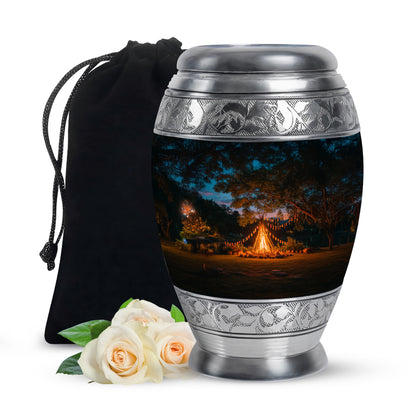 Royal Blue Campfire Cremation Urn back view with polished surface - majestic campfire pattern with filigree border - full-size 10 inch 200 cubic inch adult cremation urn
