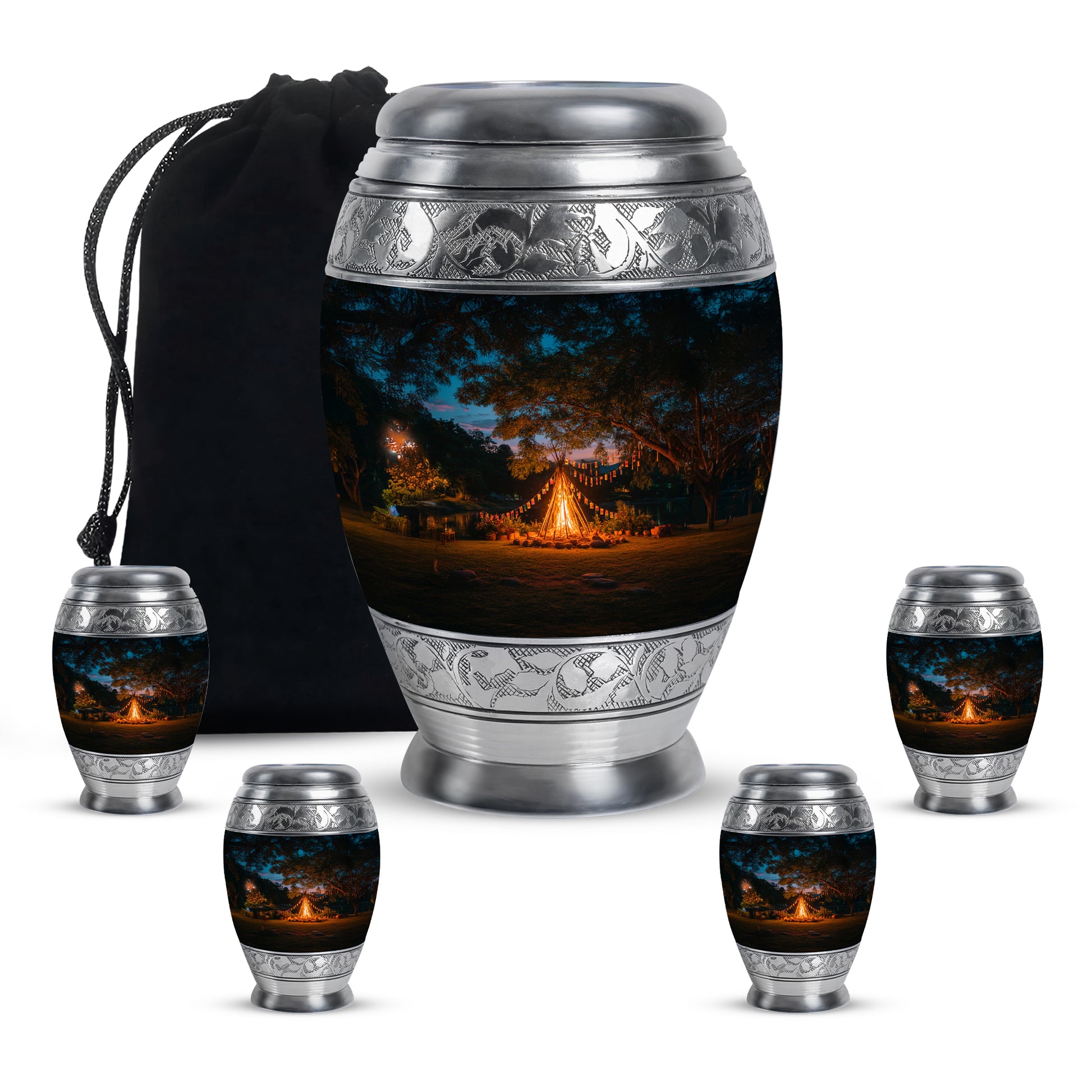 Royal Blue Campfire Cremation Urn detail view - majestic campfire pattern with filigree border - memorial set with one large and four small urns