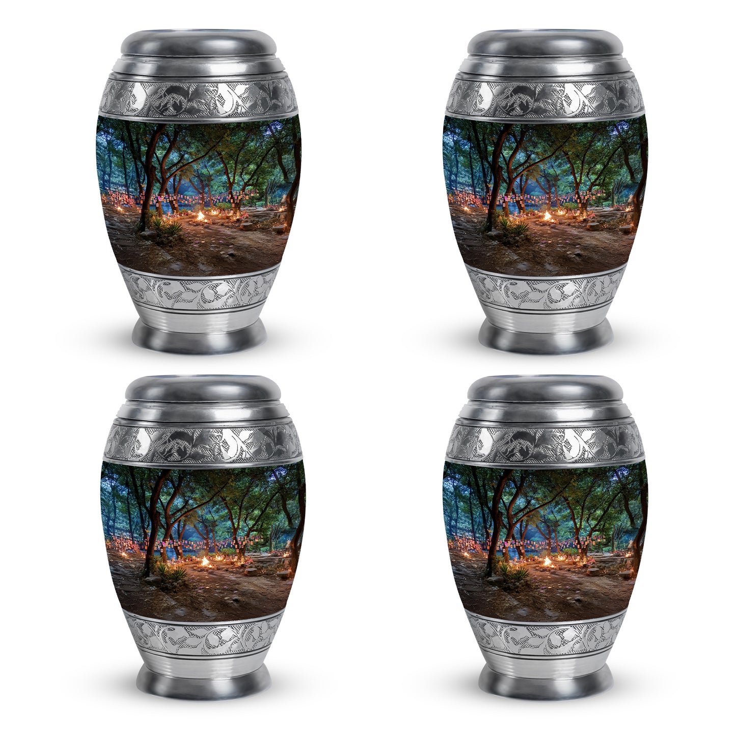 Obsidian Black Campfire Cremation Urn urn with complimentary velvet bag - royal campfire engraving with decorative scrollwork - 10 inch aluminum urn for cremated remains