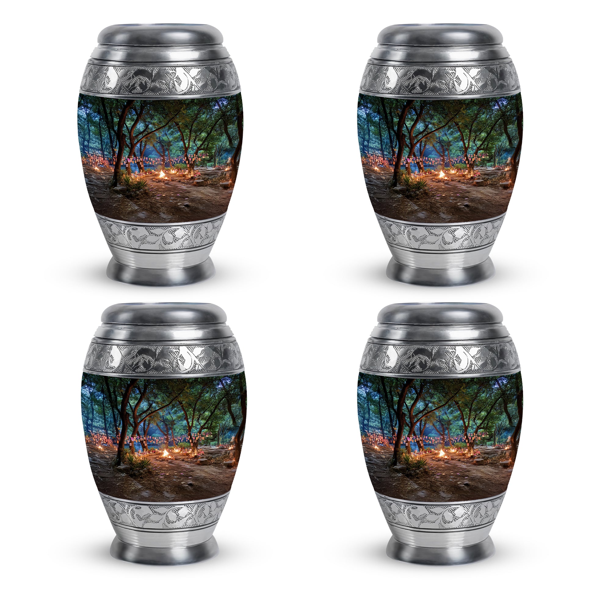 Obsidian Black Campfire Cremation Urn urn with complimentary velvet bag - royal campfire engraving with decorative scrollwork - 10 inch aluminum urn for cremated remains