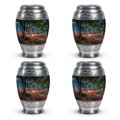 Obsidian Black Campfire Cremation Urn urn with complimentary velvet bag - royal campfire engraving with decorative scrollwork - 10 inch aluminum urn for cremated remains
