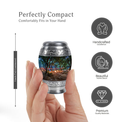 Obsidian Black Campfire Cremation Urn lifestyle display on memorial shelf - royal campfire engraving with decorative scrollwork - mini keepsake memorial for portion of cremation ashes