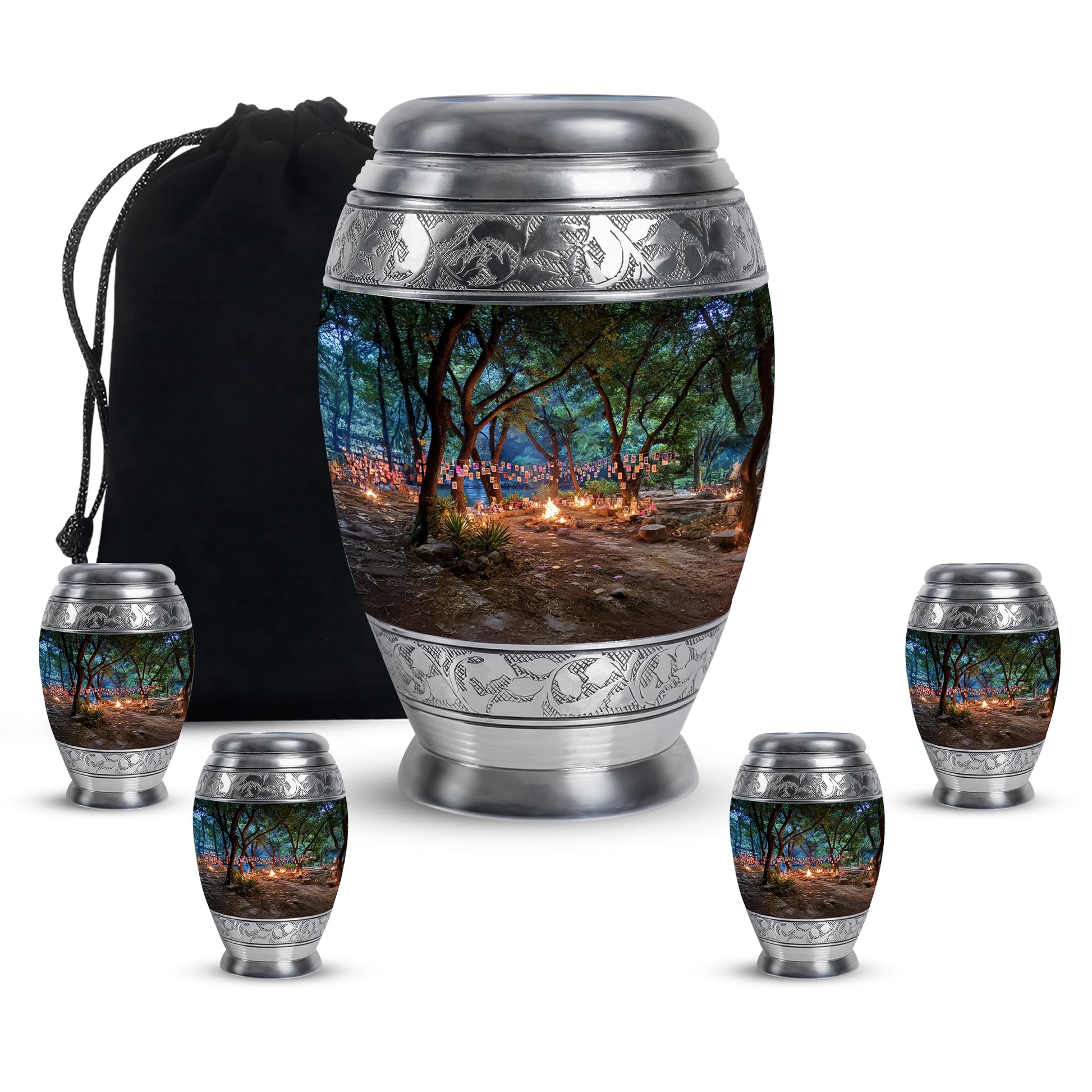 Onyx Black Campfire Cremation Urn detail view - royal campfire engraving with decorative scrollwork - memorial set with one large and four small urns