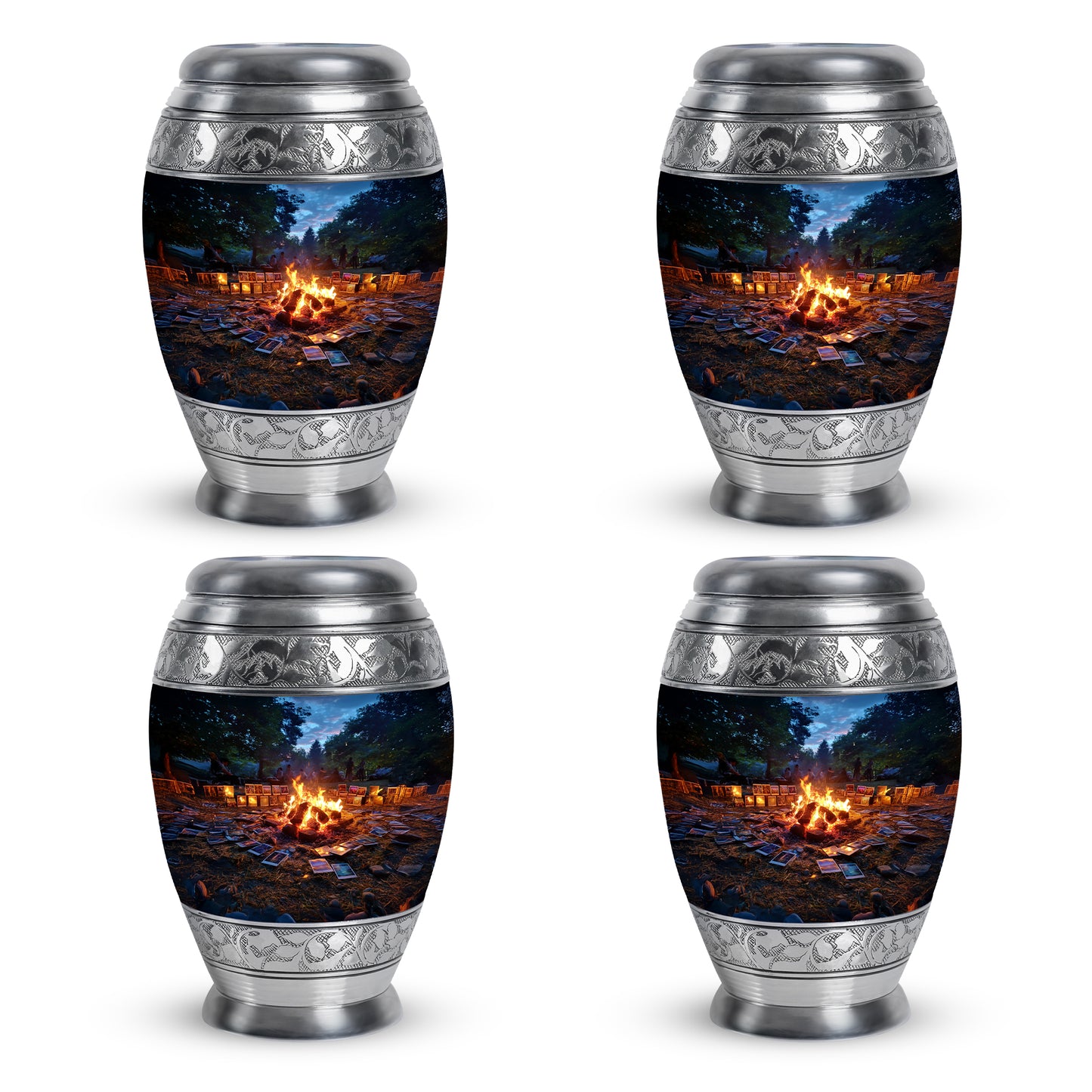 Serene Blue Campfire Cremation Urn urn with complimentary velvet bag - royal campfire engraving with decorative scrollwork - 10 inch aluminum urn for cremated remains