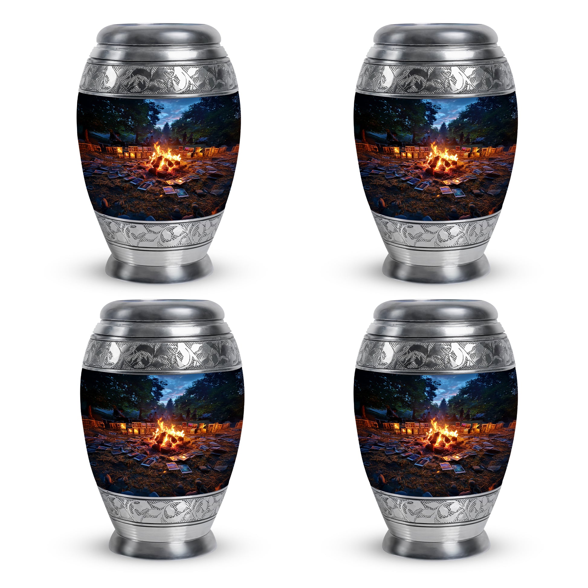 Serene Blue Campfire Cremation Urn urn with complimentary velvet bag - royal campfire engraving with decorative scrollwork - 10 inch aluminum urn for cremated remains