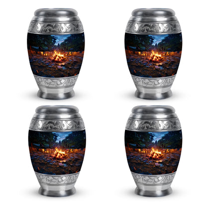 Serene Blue Campfire Cremation Urn urn with complimentary velvet bag - royal campfire engraving with decorative scrollwork - 10 inch aluminum urn for cremated remains