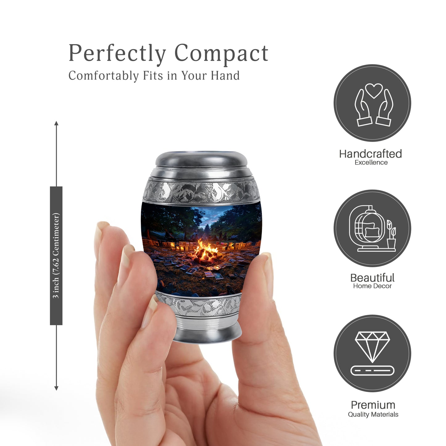Sapphire Blue Campfire Cremation Urn lifestyle display on memorial shelf - royal campfire engraving with decorative scrollwork - mini keepsake memorial for portion of cremation ashes