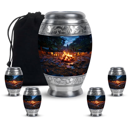 Slate Blue Campfire Cremation Urn detail view - ornate monarch-style campfire relief on brushed aluminum - memorial set with one large and four small urns