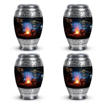 Rich Black Campfire Cremation Urn urn with complimentary velvet bag - regal campfire design with crown-inspired accents - 10 inch aluminum urn for cremated remains
