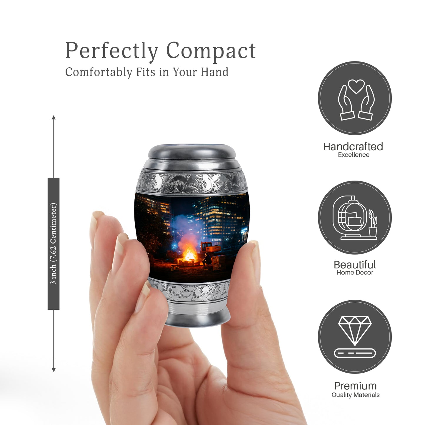Rich Black Campfire Cremation Urn lifestyle display on memorial shelf - ornate monarch-style campfire relief on brushed aluminum - mini keepsake memorial for portion of cremation ashes