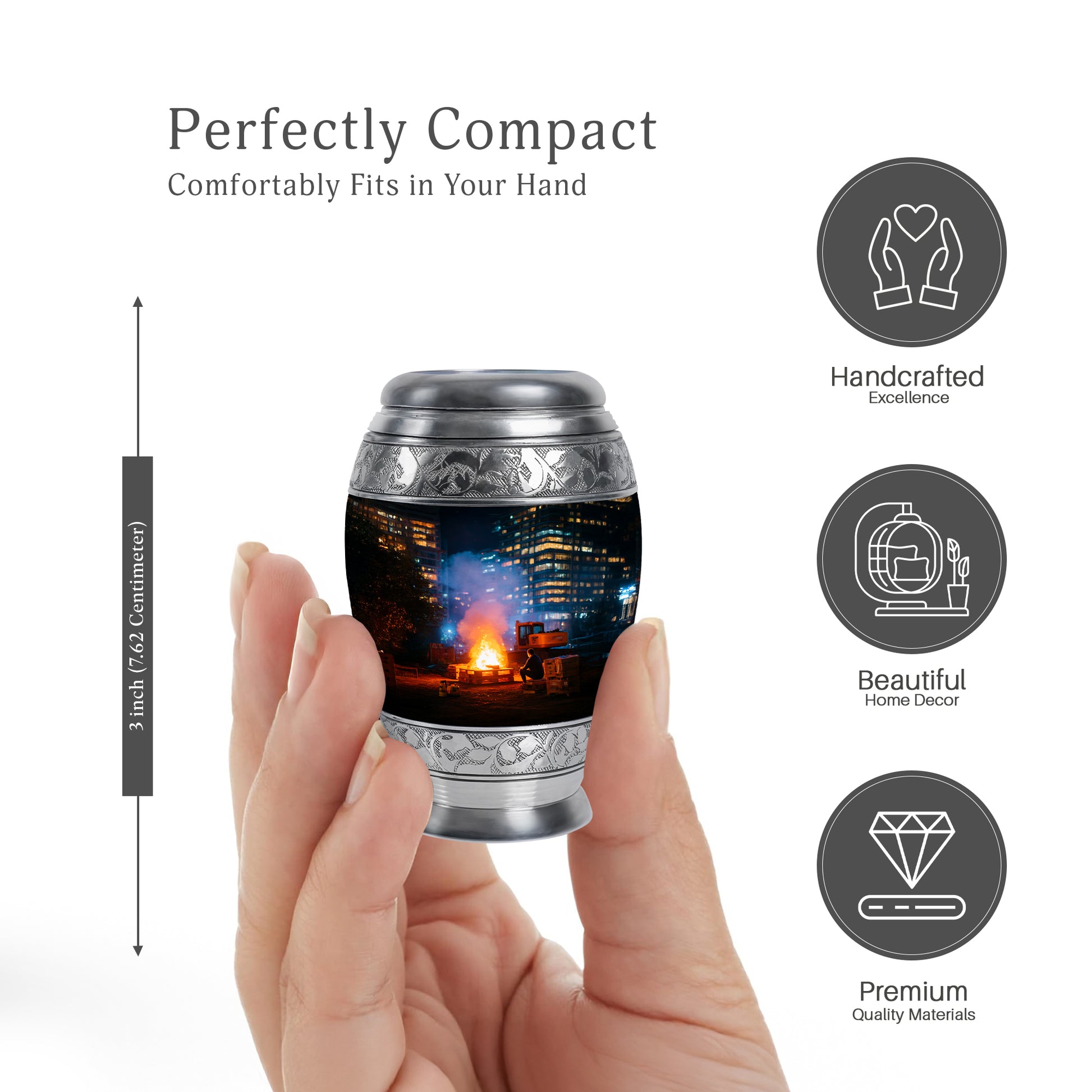 Rich Black Campfire Cremation Urn lifestyle display on memorial shelf - ornate monarch-style campfire relief on brushed aluminum - mini keepsake memorial for portion of cremation ashes