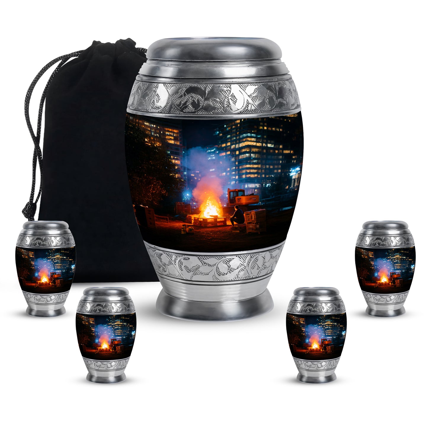 Glossy Black Campfire Cremation Urn detail view - ornate monarch-style campfire relief on brushed aluminum - memorial set with one large and four small urns