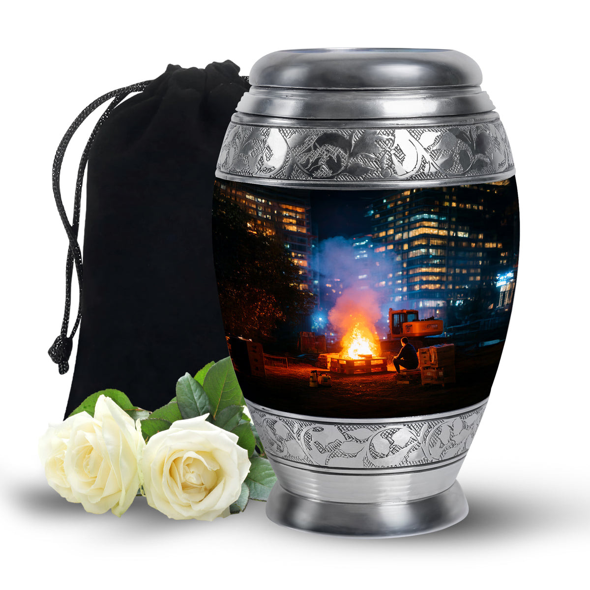 Rich Black Campfire Cremation Urn back view with polished surface - regal campfire design with crown-inspired accents - full-size 10 inch 200 cubic inch adult cremation urn