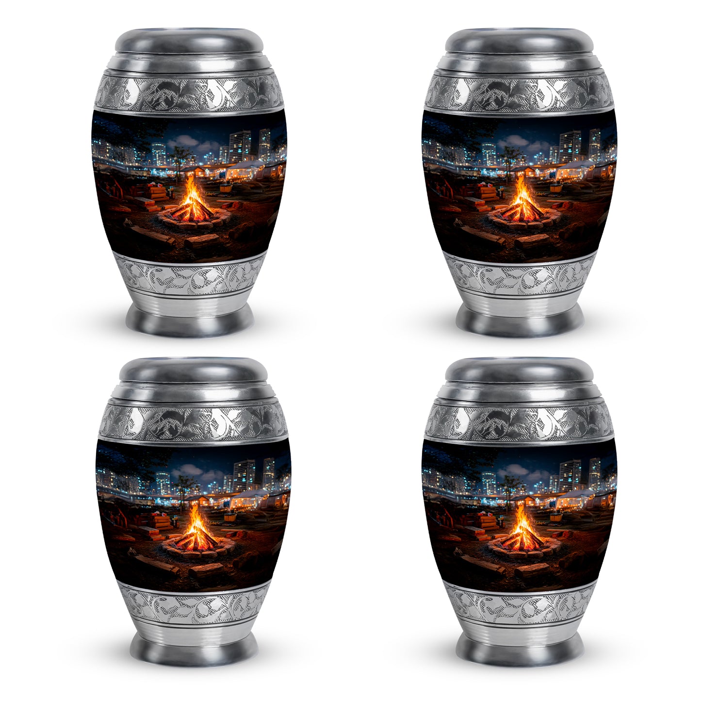 Rich Black Campfire Cremation Urn urn with complimentary velvet bag - regal campfire design with crown-inspired accents - 10 inch aluminum urn for cremated remains