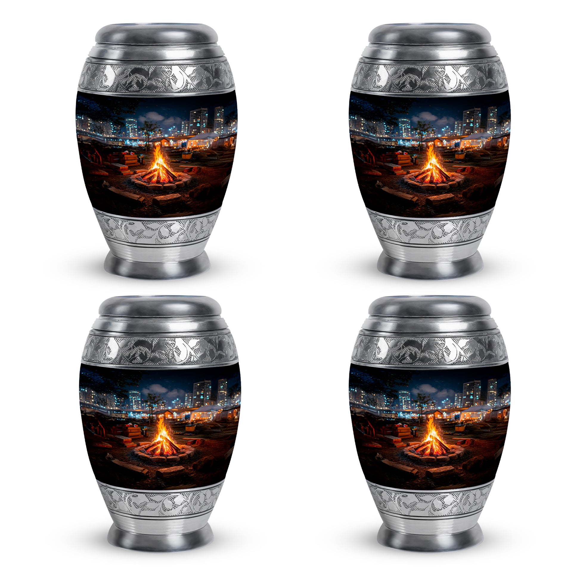 Rich Black Campfire Cremation Urn urn with complimentary velvet bag - regal campfire design with crown-inspired accents - 10 inch aluminum urn for cremated remains