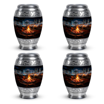 Rich Black Campfire Cremation Urn urn with complimentary velvet bag - regal campfire design with crown-inspired accents - 10 inch aluminum urn for cremated remains