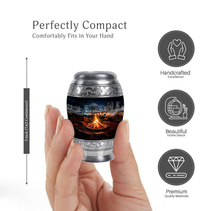 Obsidian Black Campfire Cremation Urn lifestyle display on memorial shelf - royal campfire engraving with decorative scrollwork - mini keepsake memorial for portion of cremation ashes
