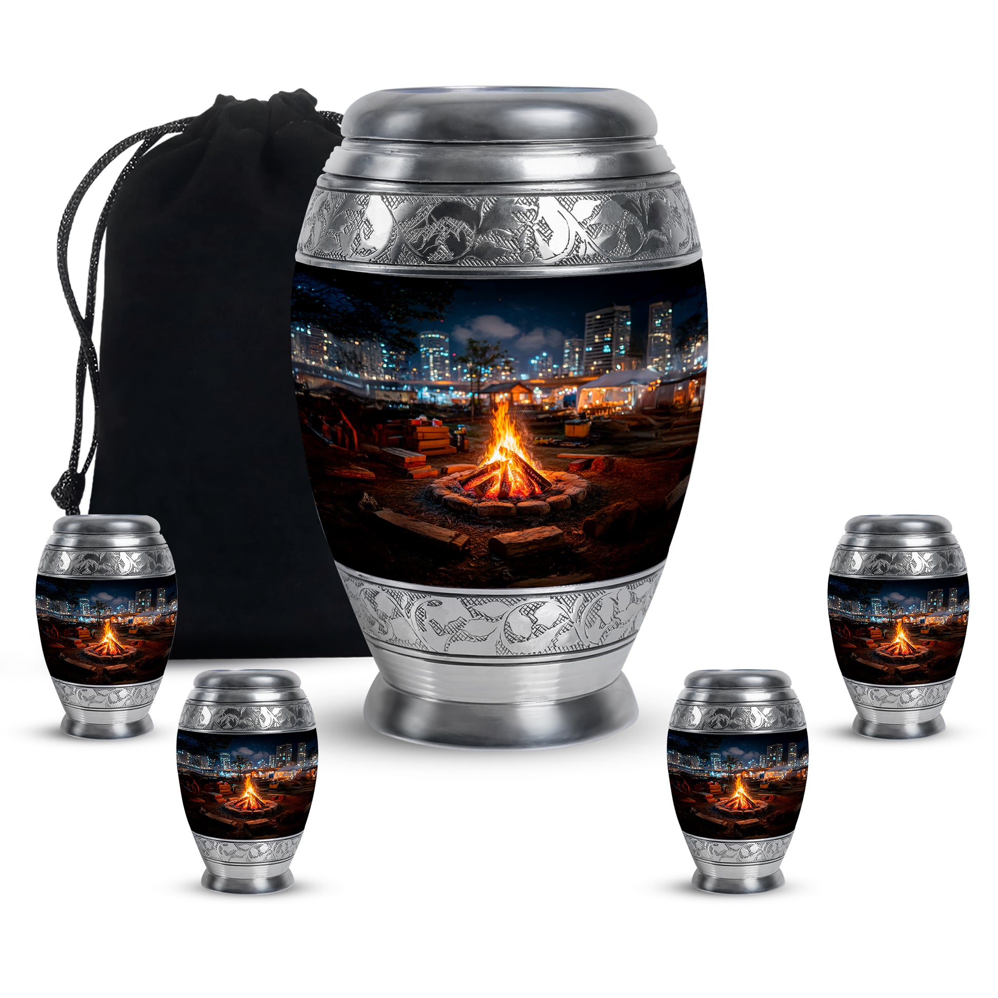 Rich Black Campfire Cremation Urn detail view - regal campfire design with crown-inspired accents - memorial set with one large and four small urns
