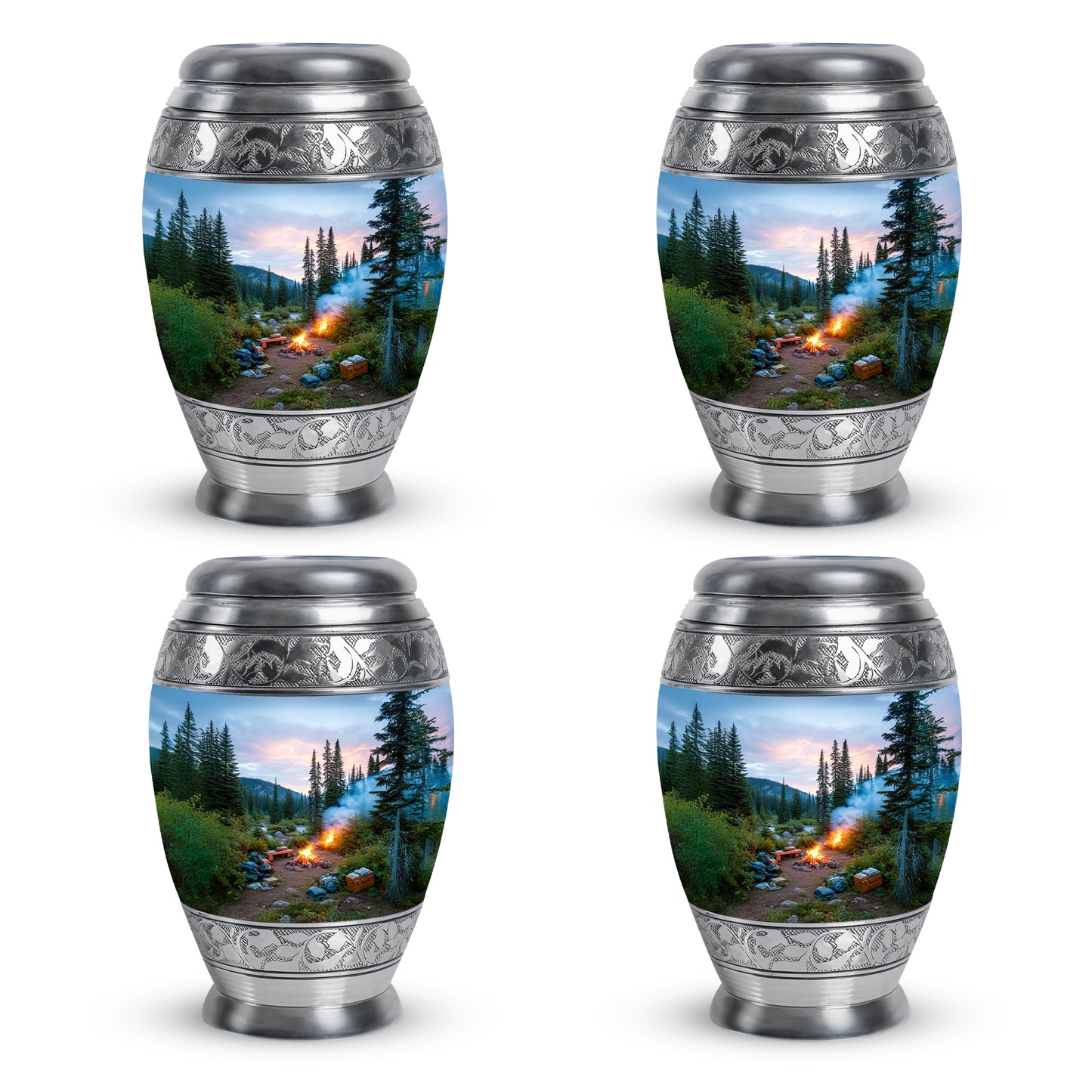 Pastel Blue Campfire Cremation Urn urn with complimentary velvet bag - ornate monarch-style campfire relief on brushed aluminum - 10 inch aluminum urn for cremated remains