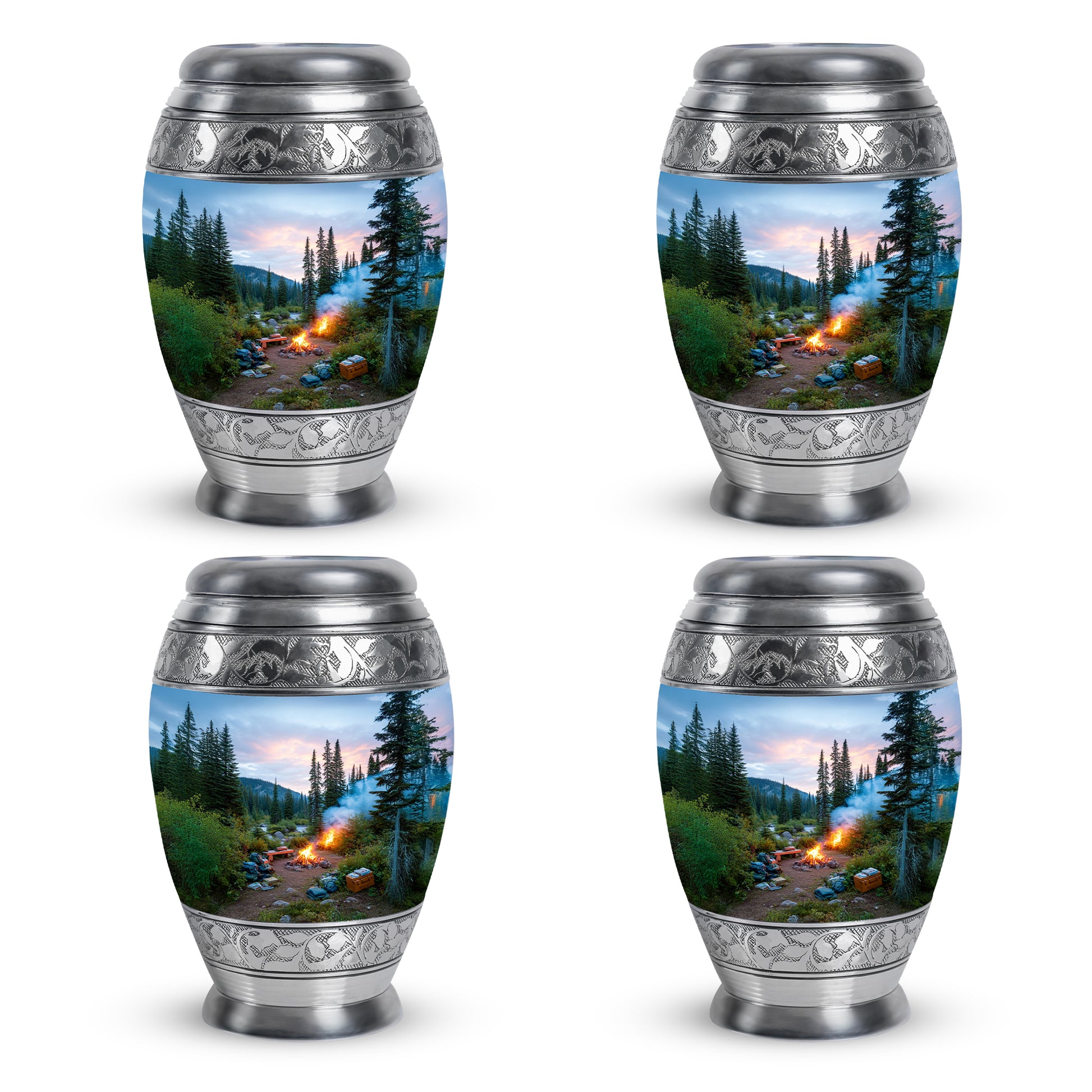 Pastel Blue Campfire Cremation Urn urn with complimentary velvet bag - ornate monarch-style campfire relief on brushed aluminum - 10 inch aluminum urn for cremated remains