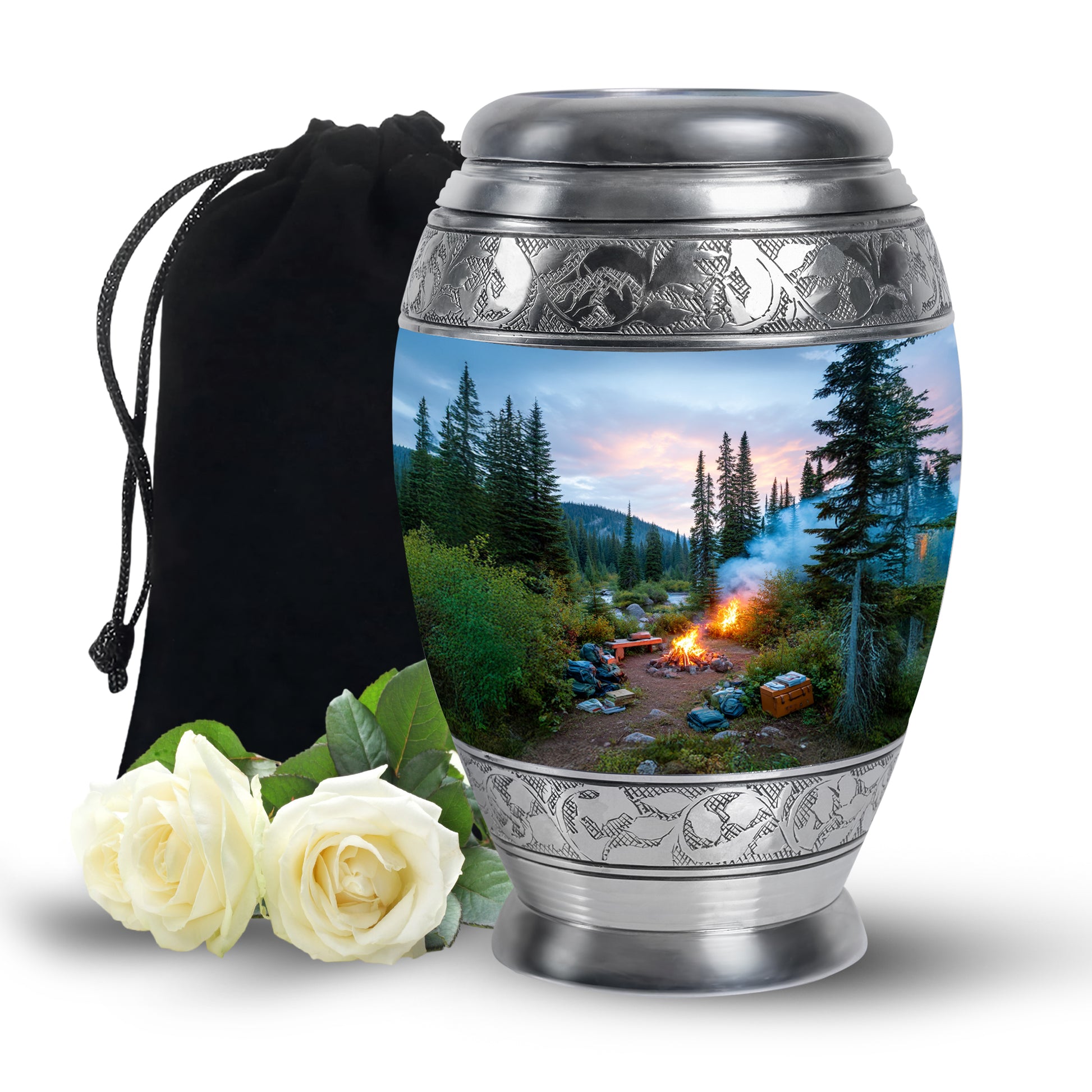 Sapphire Blue Campfire Cremation Urn back view with polished surface - royal campfire engraving with decorative scrollwork - full-size 10 inch 200 cubic inch adult cremation urn