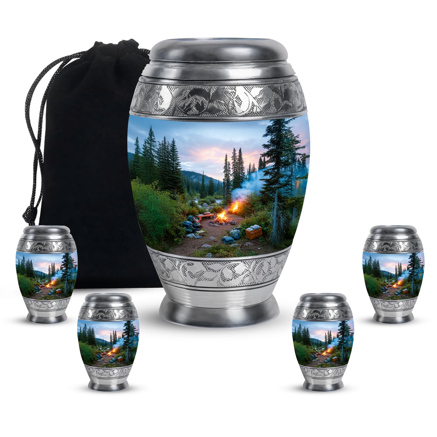 Pastel Blue Campfire Cremation Urn detail view - ornate monarch-style campfire relief on brushed aluminum - memorial set with one large and four small urns