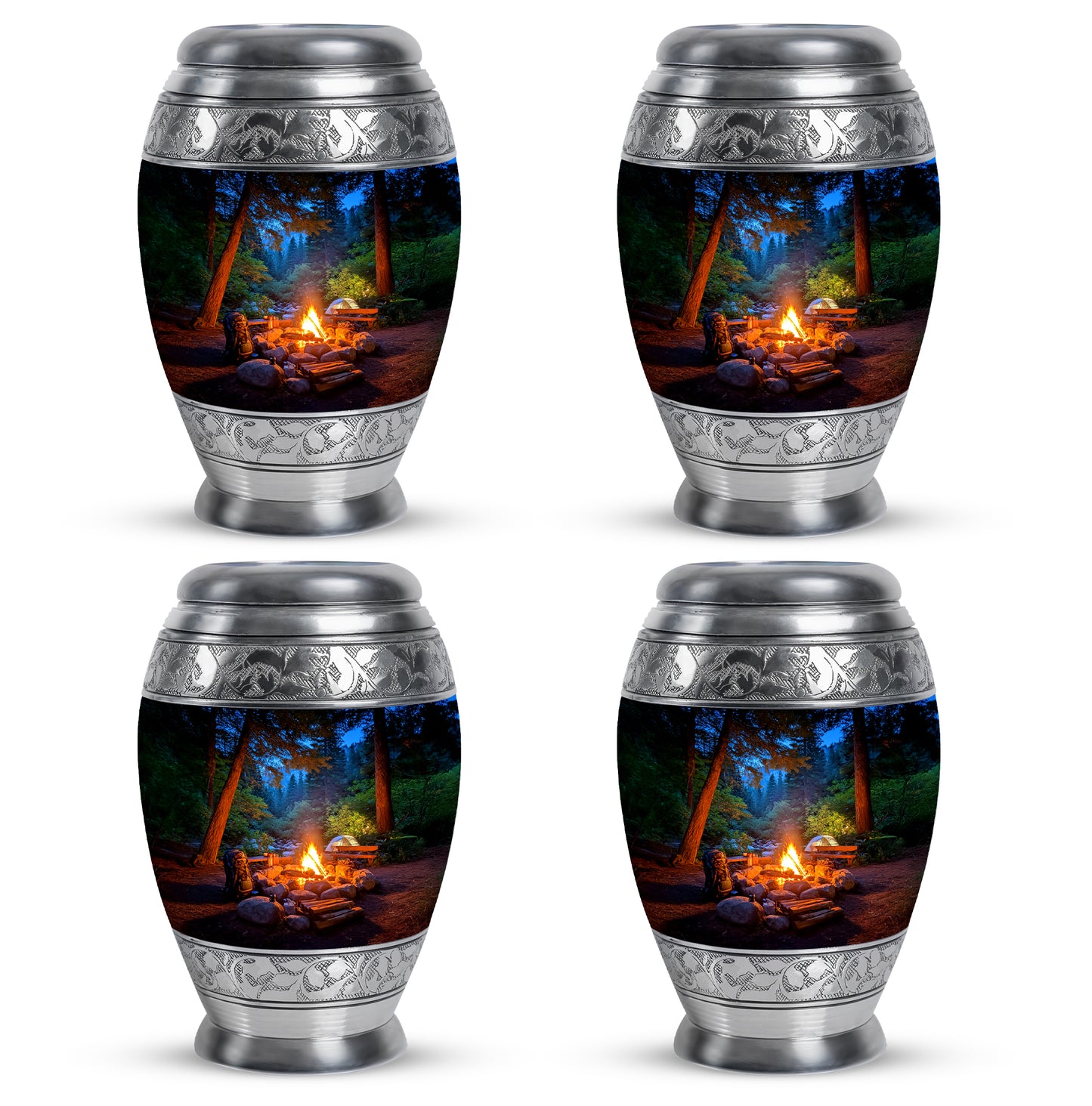 Vivid Blue Campfire Cremation Urn urn with complimentary velvet bag - royal campfire engraving with decorative scrollwork - 10 inch aluminum urn for cremated remains