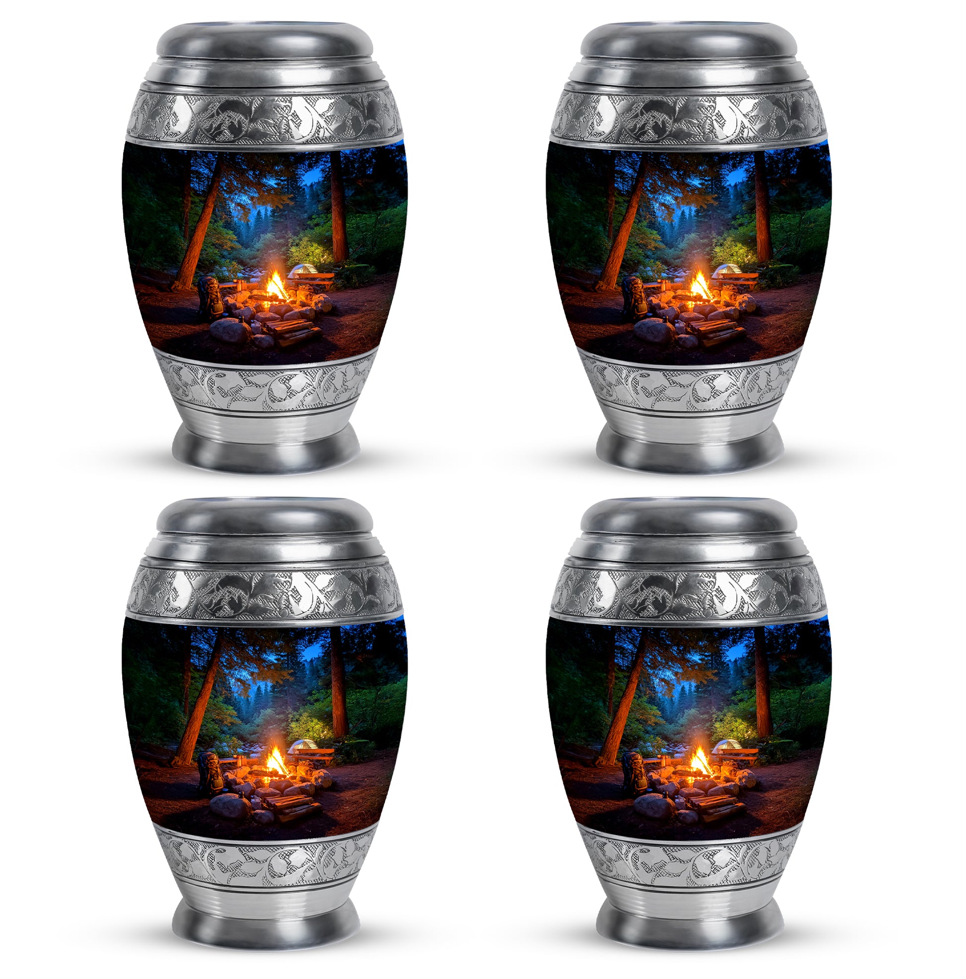 Vivid Blue Campfire Cremation Urn urn with complimentary velvet bag - royal campfire engraving with decorative scrollwork - 10 inch aluminum urn for cremated remains