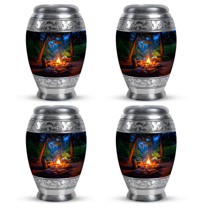 Vivid Blue Campfire Cremation Urn urn with complimentary velvet bag - royal campfire engraving with decorative scrollwork - 10 inch aluminum urn for cremated remains