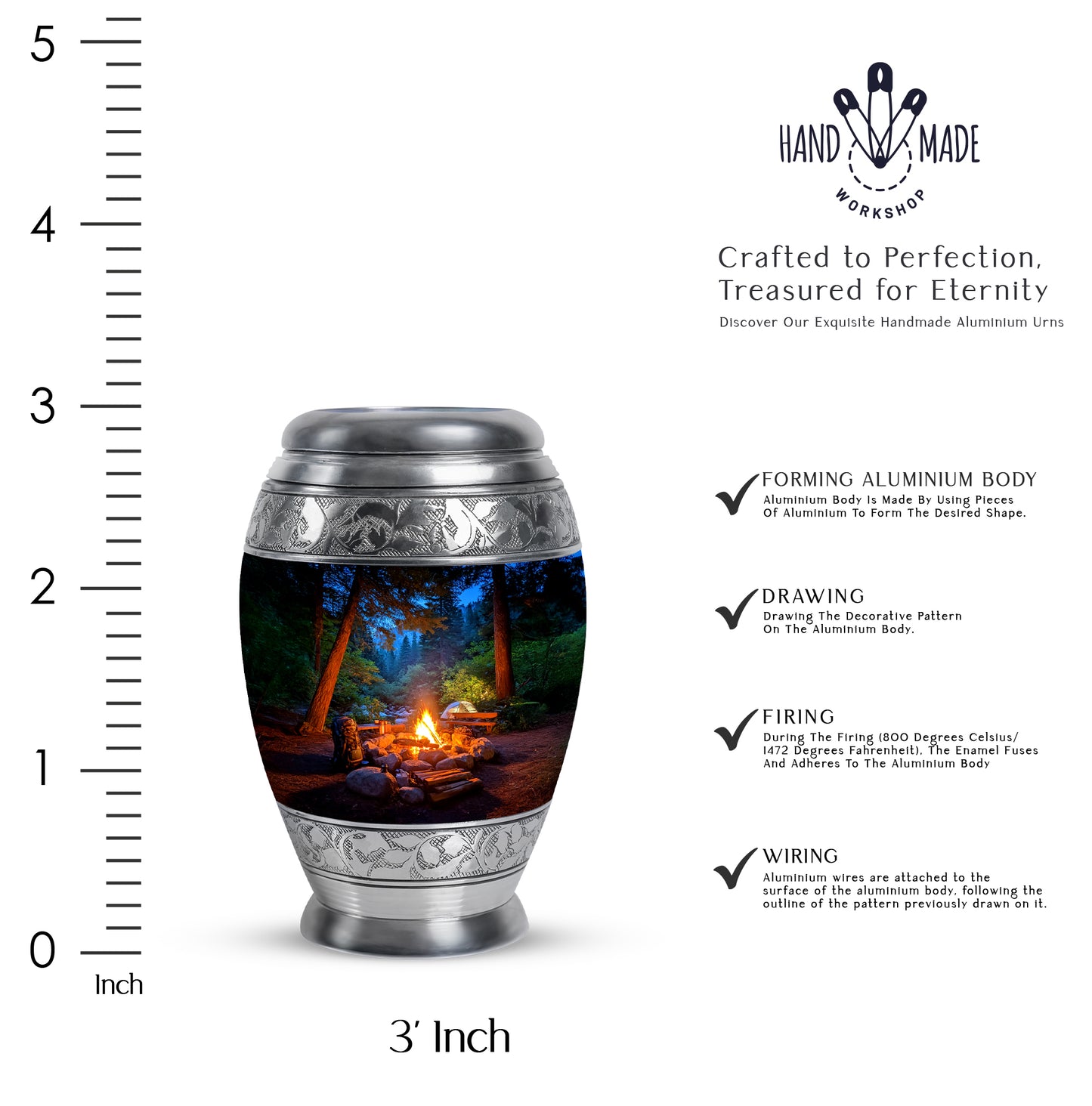 Cornflower Blue Campfire Cremation Urn lifestyle display on memorial shelf - royal campfire engraving with decorative scrollwork - mini keepsake memorial for portion of cremation ashes