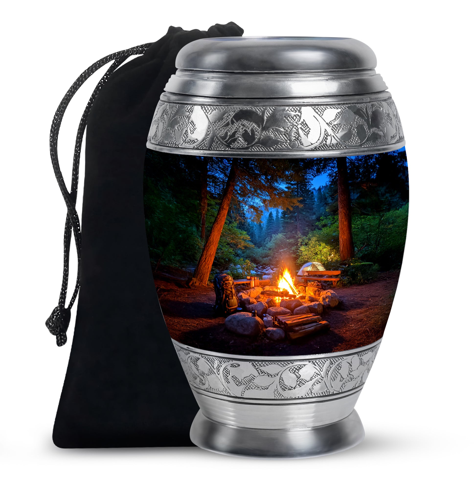 Sapphire Blue Campfire Cremation Urn back view with polished surface - majestic campfire pattern with filigree border - full-size 10 inch 200 cubic inch adult cremation urn