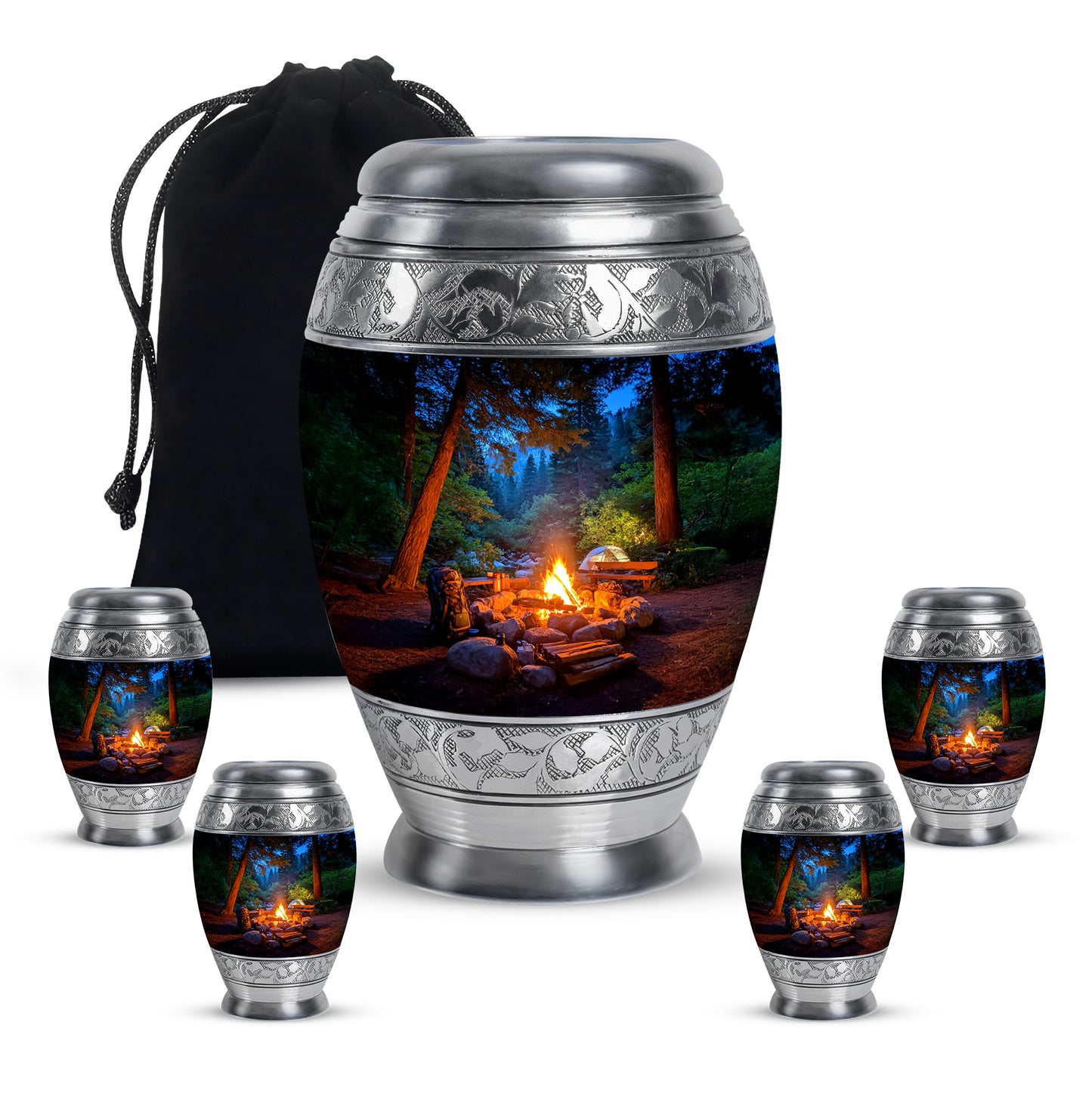 Sapphire Blue Campfire Cremation Urn detail view - royal campfire engraving with decorative scrollwork - memorial set with one large and four small urns