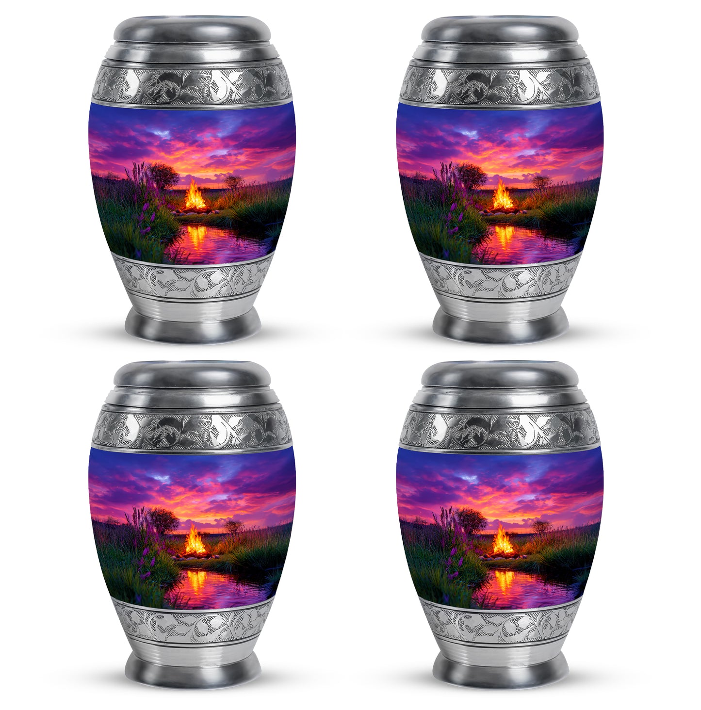 Sky Blue Campfire Cremation Urn urn with complimentary velvet bag - regal campfire design with crown-inspired accents - 10 inch aluminum urn for cremated remains