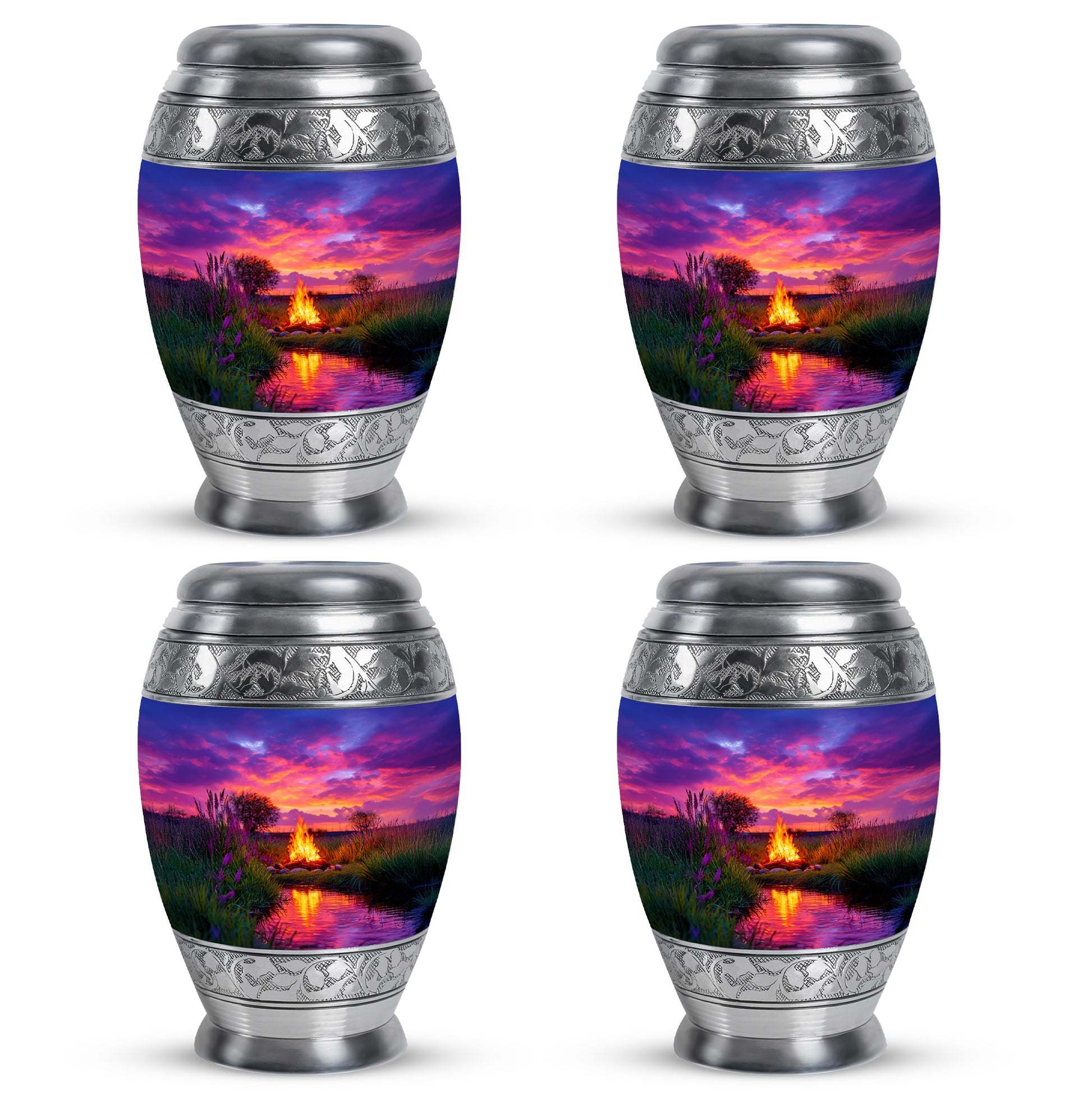 Sky Blue Campfire Cremation Urn urn with complimentary velvet bag - regal campfire design with crown-inspired accents - 10 inch aluminum urn for cremated remains