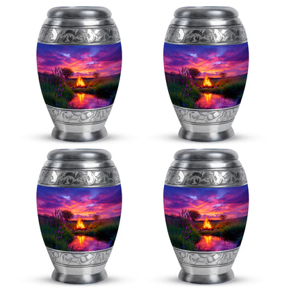 Sky Blue Campfire Cremation Urn urn with complimentary velvet bag - regal campfire design with crown-inspired accents - 10 inch aluminum urn for cremated remains