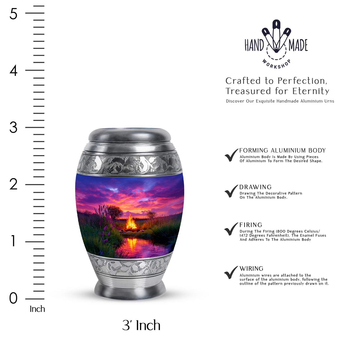 Powder Blue Campfire Cremation Urn lifestyle display on memorial shelf - regal campfire design with crown-inspired accents - mini keepsake memorial for portion of cremation ashes