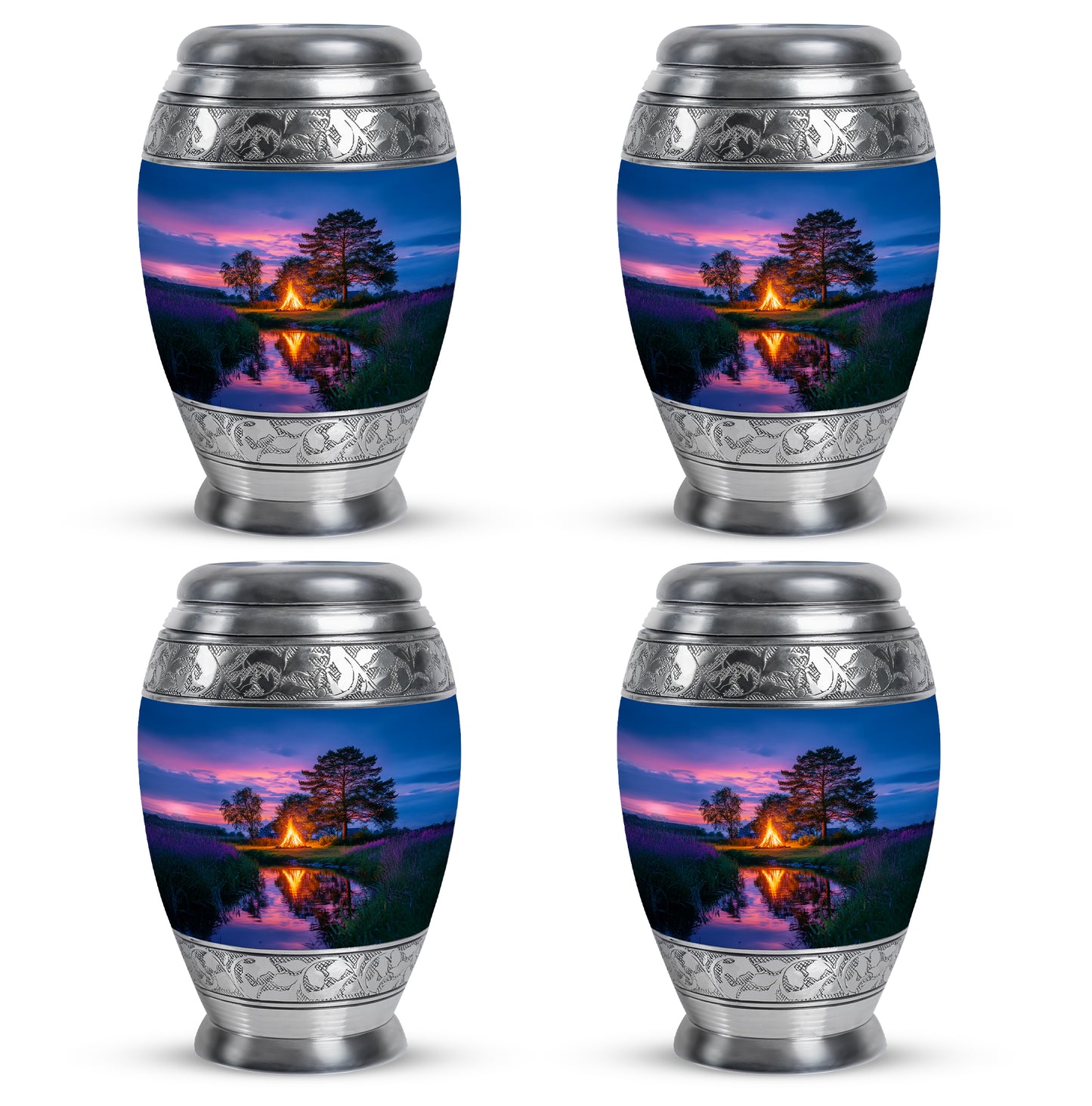 Azure Campfire Cremation Urn urn with complimentary velvet bag - regal campfire design with crown-inspired accents - 10 inch aluminum urn for cremated remains