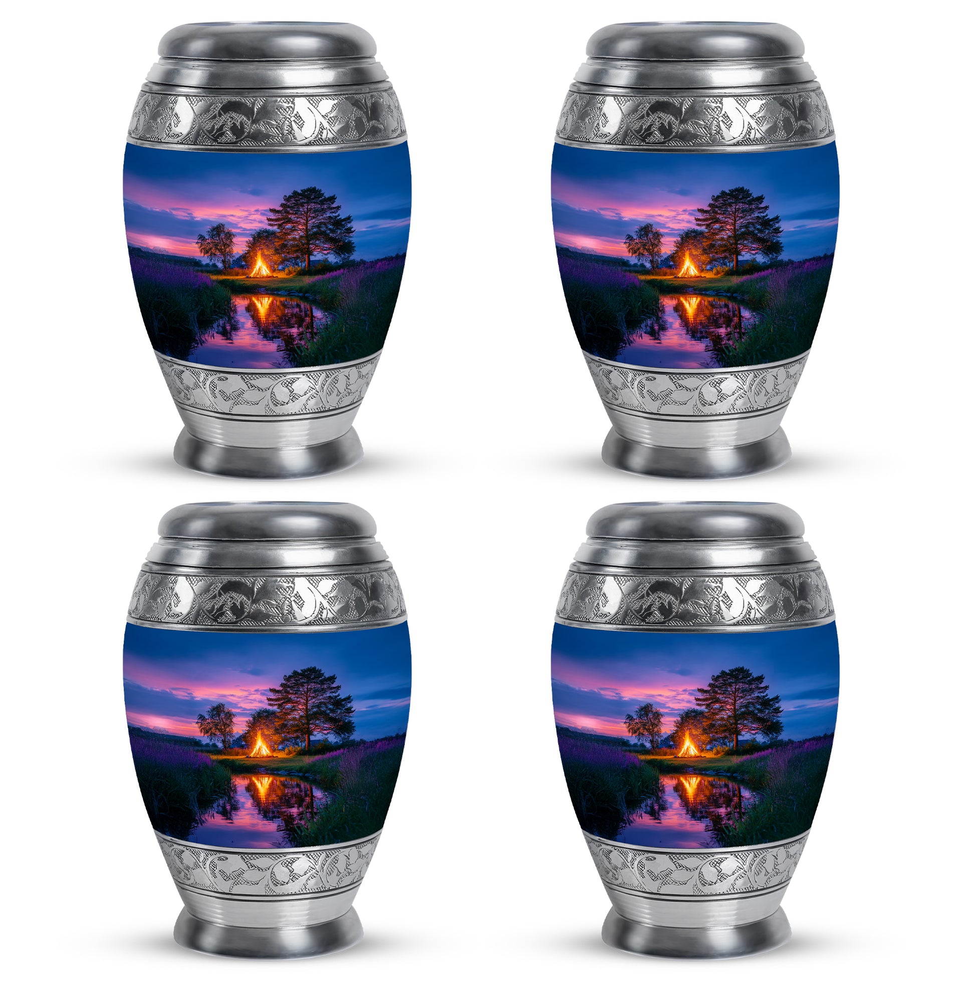 Azure Campfire Cremation Urn urn with complimentary velvet bag - regal campfire design with crown-inspired accents - 10 inch aluminum urn for cremated remains