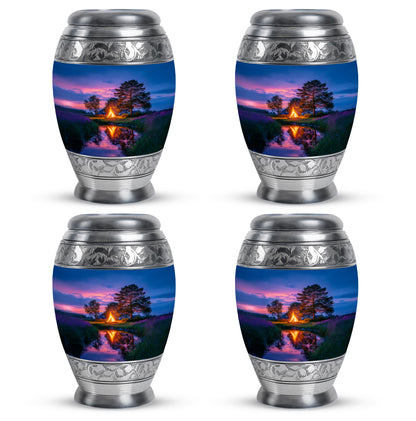 Azure Campfire Cremation Urn urn with complimentary velvet bag - regal campfire design with crown-inspired accents - 10 inch aluminum urn for cremated remains