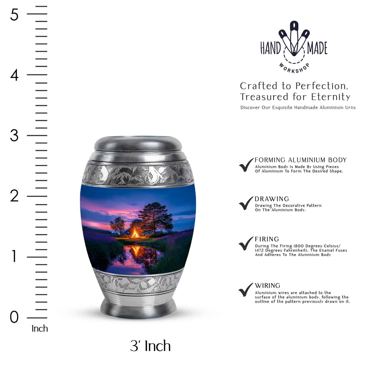 Icy Blue Campfire Cremation Urn lifestyle display on memorial shelf - ornate monarch-style campfire relief on brushed aluminum - mini keepsake memorial for portion of cremation ashes