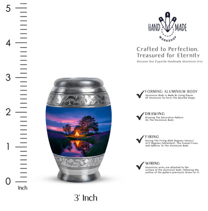 Icy Blue Campfire Cremation Urn lifestyle display on memorial shelf - ornate monarch-style campfire relief on brushed aluminum - mini keepsake memorial for portion of cremation ashes