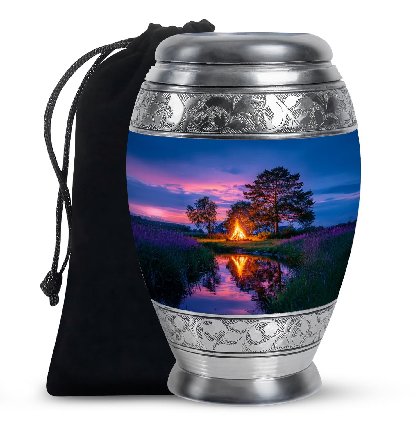 Celestial Blue Campfire Cremation Urn back view with polished surface - ornate monarch-style campfire relief on brushed aluminum - full-size 10 inch 200 cubic inch adult cremation urn