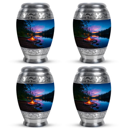 Cornflower Blue Campfire Cremation Urn urn with complimentary velvet bag - royal campfire engraving with decorative scrollwork - 10 inch aluminum urn for cremated remains
