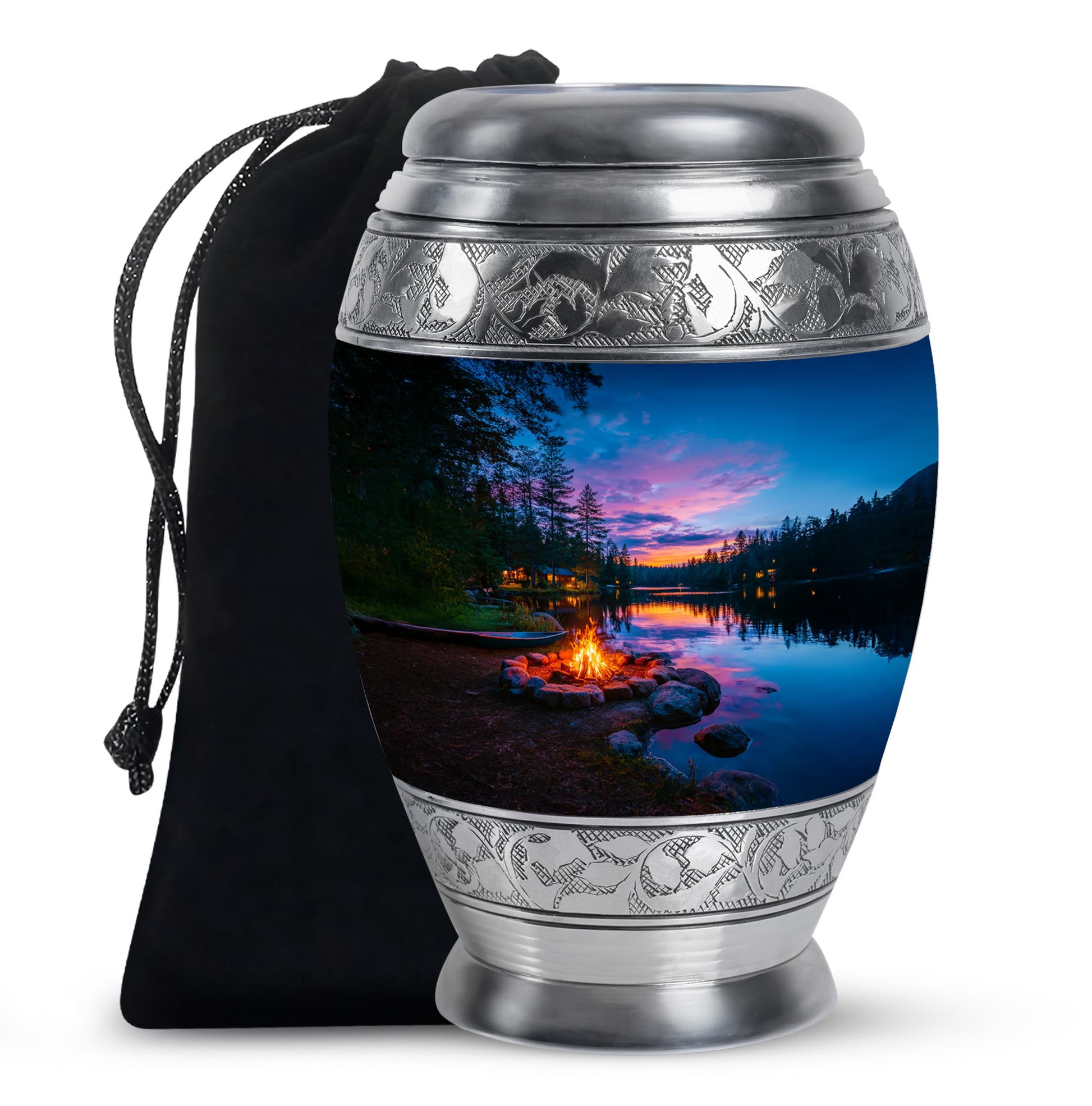 Icy Blue Campfire Cremation Urn back view with polished surface - ornate monarch-style campfire relief on brushed aluminum - full-size 10 inch 200 cubic inch adult cremation urn